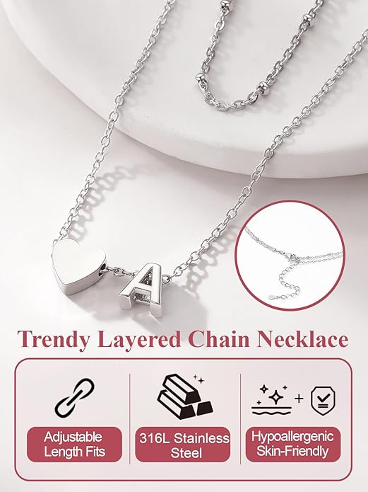 FOCALOOK Layered Initial Necklace for Women, 14K Gold Plated Choker Necklaces Stacks with Initial A-Z, Dainty Silver Heart Pendant Necklace Personalized Birthday Women Jewelry