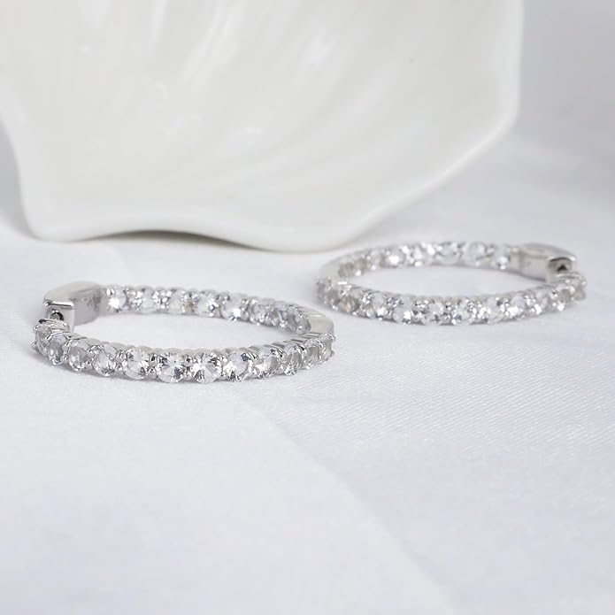 Hoop Earrings with 40 Colored Gemstones, Birthstone Earrings, 925 Sterling Silver Rhodium Plated, Push Back Closure, 1.18'