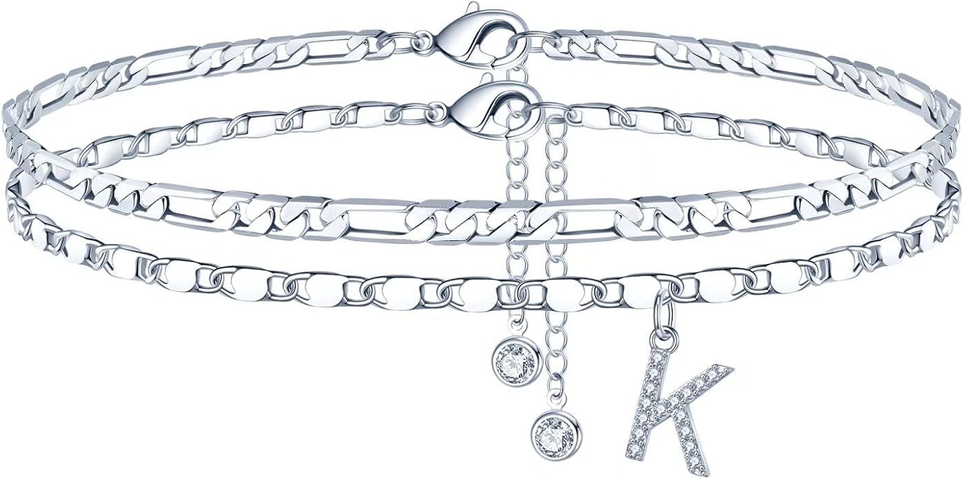 Ursteel Ankle Bracelets for Women, 14K-Gold-Plated Dainty Layered Chain CZ Initial Anklets Set Summer Jewelry Gifts for Women