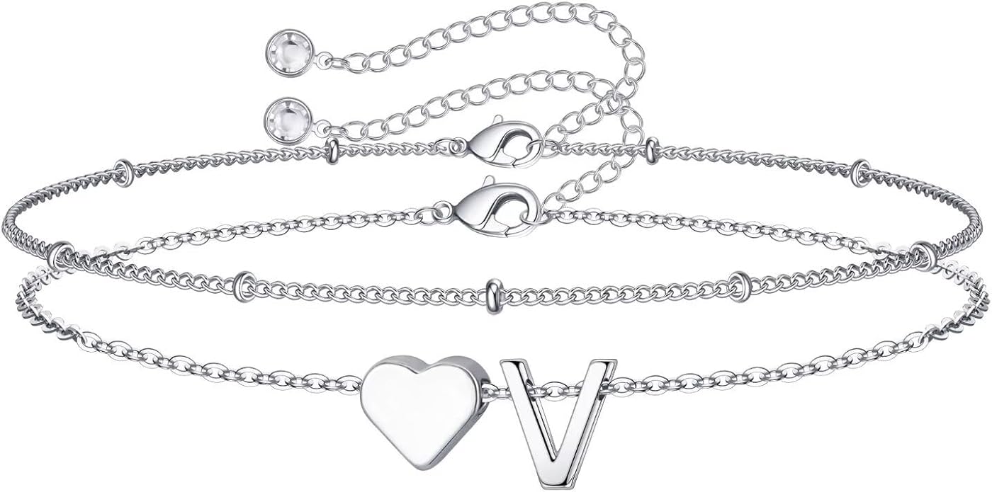 M MOOHAM Christmas Gifts for Grandkids Teens Girls -14K-Gold-Plated Heart Initial Bracelets for Women Girl Dainty Gold Bracelets Birthday Gift Stocking Stuffers for Women Teenage Girls Kids Gifts