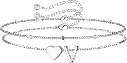 M MOOHAM Christmas Gifts for Grandkids Teens Girls -14K-Gold-Plated Heart Initial Bracelets for Women Girl Dainty Gold Bracelets Birthday Gift Stocking Stuffers for Women Teenage Girls Kids Gifts