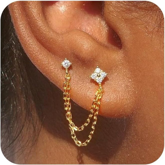 Freekiss Gold Chain Studs Earrings for Women Trendy: Hypoallergenic 14K Gold Plated Dangle Earrings Dainty Small Long Chain Earring Set Fashion Gold Jewelry for Women