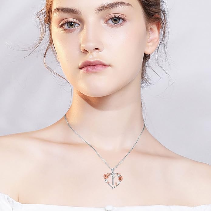 AOBOCO Rose Heart Necklaces Valentines Gifts for Women, 925 Sterling Silver Rose Love Heart Initial Letter Pendant Necklace Jewelry Mothers Day Christmas Birthday Gifts for Her Mom Wife Girlfriend