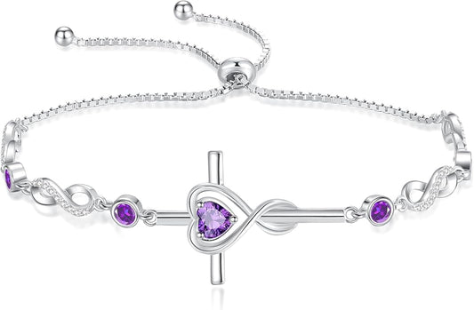 FANCIME Gift for Women Cross Bracelet 925 Sterling Silver Heart Birthstone Bracelet Fine Jewelry Birthday Gifts for Her Women