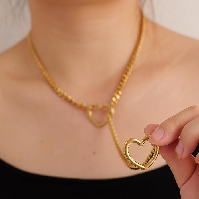 Heart Slip Chain Necklaces for Women,Stainless Steel O-Ring Adjustable Lariat Y-Necklace,Punk Gothic Cuban Collar Choker Necklace for women