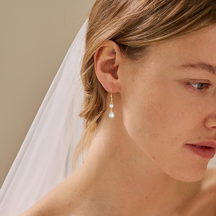 DIBOLA Gold Jewelry Set for Women, Dainty Layered 14K Gold/Silver Pearl Choker Necklaces and Earring Set Pearl Earrings Bracelets Wedding Bride Jewelry