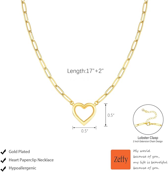 Zeffy Cute Heart Necklace 18k Gold/Silver Plated Tiny Heart Pendant Choker Necklaces Gold Love Heart Chain Necklace for Women Dainty Gold Jewelry Valentines Day Gifts for Women Girls Teen Girls