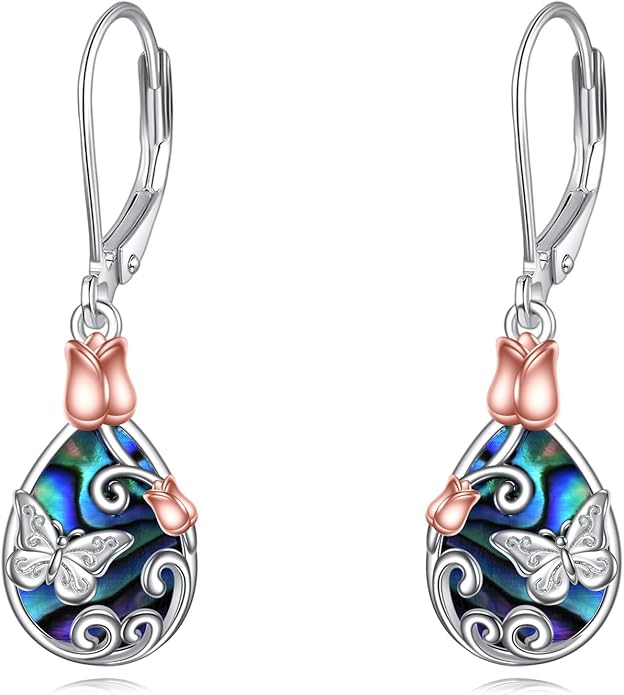 AOBOCO Butterfly/Dragonfly/Bee/Ladybug Leverback Earrings 925 Sterling Silver Rose Lotus Tulip Flower Filigree Dangle Earrings Teardrop Moonstone Larimar Turquoise Abalone Shell Jewelry Birthday Gifts for Women