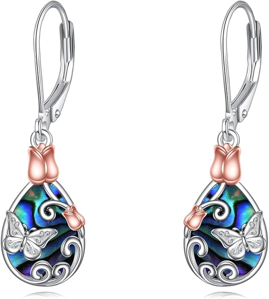 AOBOCO Butterfly/Dragonfly/Bee/Ladybug Leverback Earrings 925 Sterling Silver Rose Lotus Tulip Flower Filigree Dangle Earrings Teardrop Moonstone Larimar Turquoise Abalone Shell Jewelry Birthday Gifts for Women