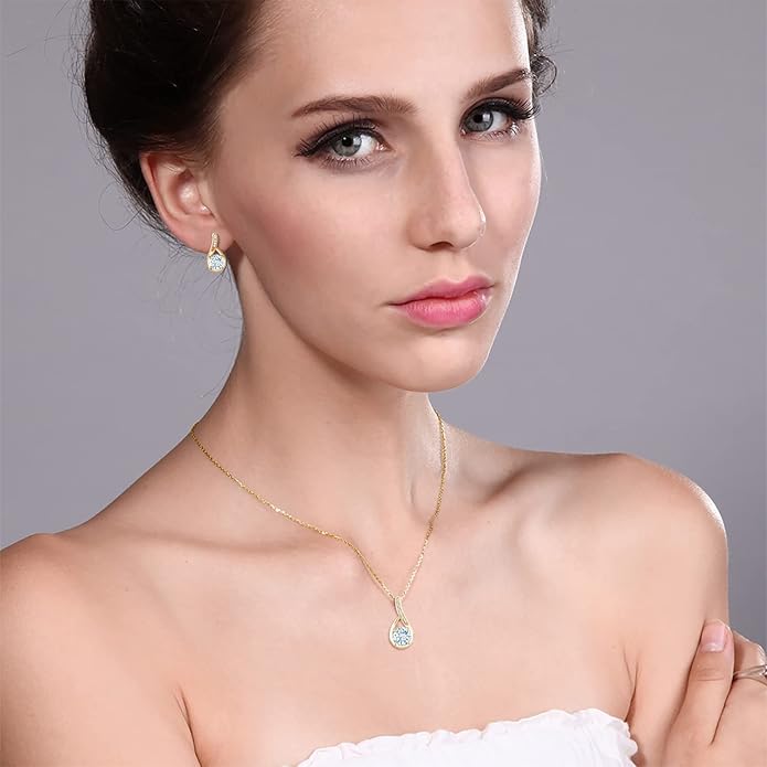 Gem Stone King 18K Yellow Gold Plated Silver Round Gemstone Birthstone and Diamond Pendant Earrings Jewelry Set For Women | Round 6MM and 5MM | With 18 Inch Chain