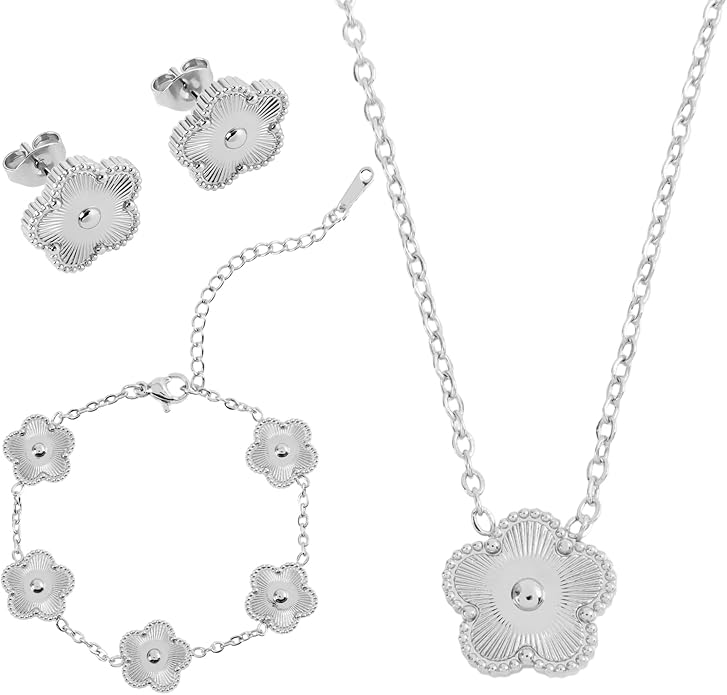 Snyxdrae Hypoallergenic Women's Four Leaf Clover Jewelry Set 14K Gold-Plated Stainless Steel Clover Necklace Bracelet Earrings Fashionable And Exquisite Daily for Women Accessory Gift