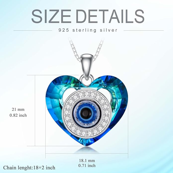 POPKIMI Evil Eye Necklace for Women - Sterling Silver Crystal Pendant With Heart - Fashion Jewelry Gifts
