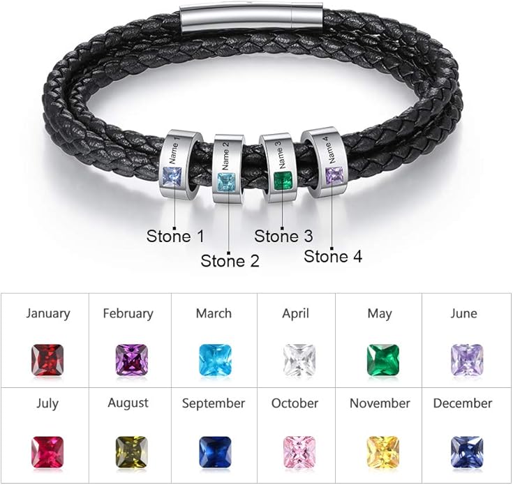 kaululu Custom Leather Bracelet for Men with 1/2/3/4/5/6/7/8 Birthstones Engraved Stainless Steel Beads Personalized Names Bracelet for Father's Day Christmas Thanksgiving Gift for Men