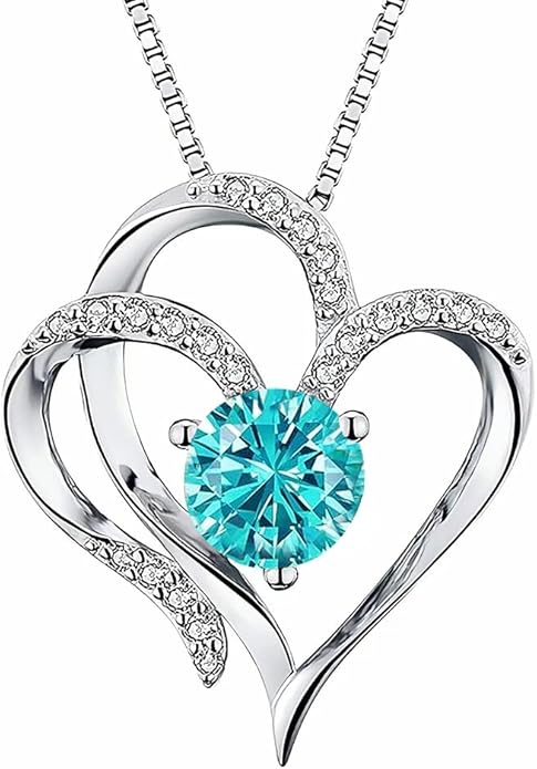 Double Heart Birthstone Necklace for Women - 925 Sterling Silver Adjustable Chain, 12-Month Cubic Zirconia Pendant, Gift for Wife/Girlfriend/Mom (Anniversary, Valentine's Day, Christmas)