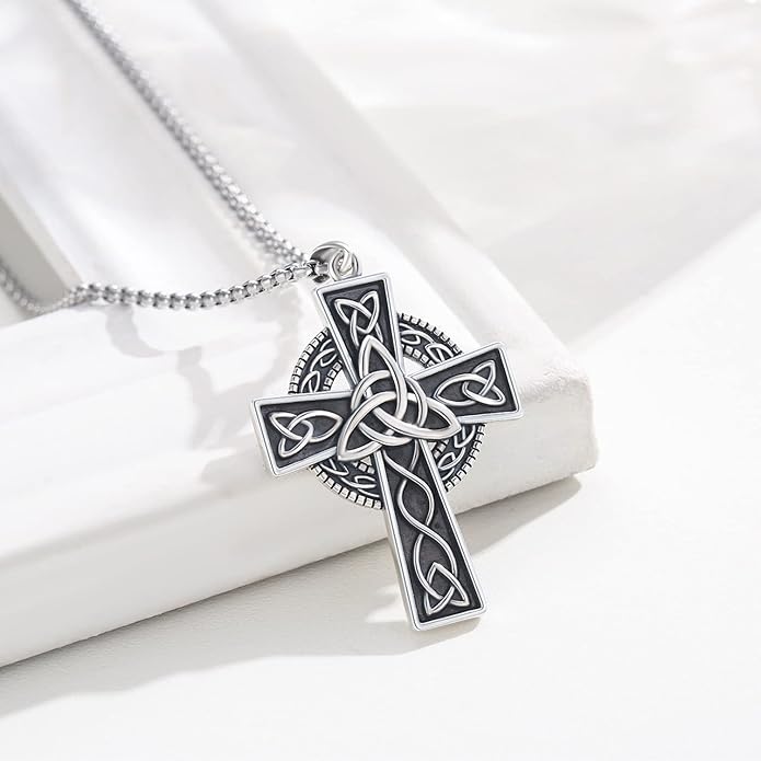 Midir&Etain Celtic Cross Necklace 925 Sterling Silver Cross Pendant Necklace Celtic Viking Irish Jewelry Religious Protective Gift for Men Women