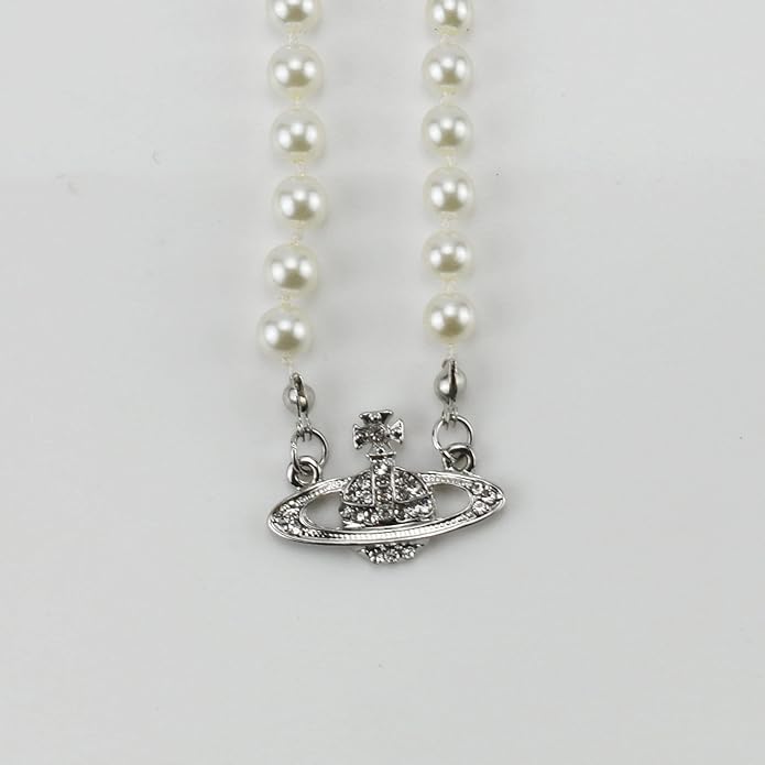 FENLDY Rhinestone Faux Planet Saturn Pearl Necklace for Women Jewelry, Fake Pearl Collar Pendant a Necklace Men with Charm for Girls Y2k Jewelry Ladies' Wedding Pearl Bead Chain Crystal Choker
