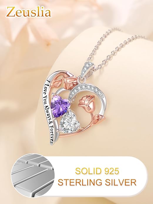 Zeuslia Double Birthstone Necklace Gifts for Wife - 925 Sterling Silver Sunflower/Rose/Crown Cross/Compass/Heart Pendant I Love You Necklace, Anniversary Birthday Gifts for Wife Girlfriend Mom Her