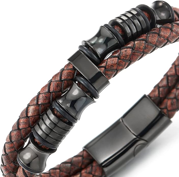 COOLSTEELANDBEYOND Mens Double-Row Braided Leather Bracelet Bangle Wristband with Stainless Steel Ornaments