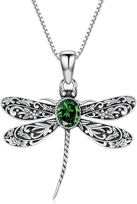 Vintage Dragonfly Necklace for Women 925 Sterling Silver, Oval Birthstone Dragonfly Pendant Boho Jewelry Birthday Gift for Her, Mom, Grandma