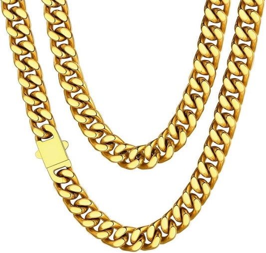 ChainsHouse Stainless Steel Mens Cuban Link Chain, Black/ 18K Gold Plated Miami Cuban Chain Necklace, 5mm/7mm/9mm/12mm/14mm Width, No Tarnish& Durable Hip Hop Mens Jewelry, 18"-30", Send Gift Box