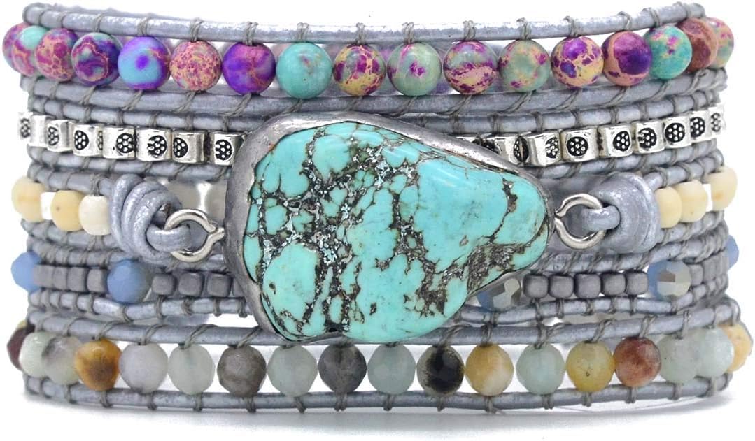 ZOSOJONA Boho Handmade Natural Stone Wrap Bracelets Turquoises Crystal Beads Bracelet Jewelry