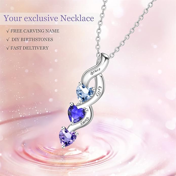MissNaNa Sterling Silver Personalized Mothers Necklace with Simulated Birthstones Engraved 1-6 Children Names Custom Love Heart Pendant Family Necklace for Women Mother's Day Birthday