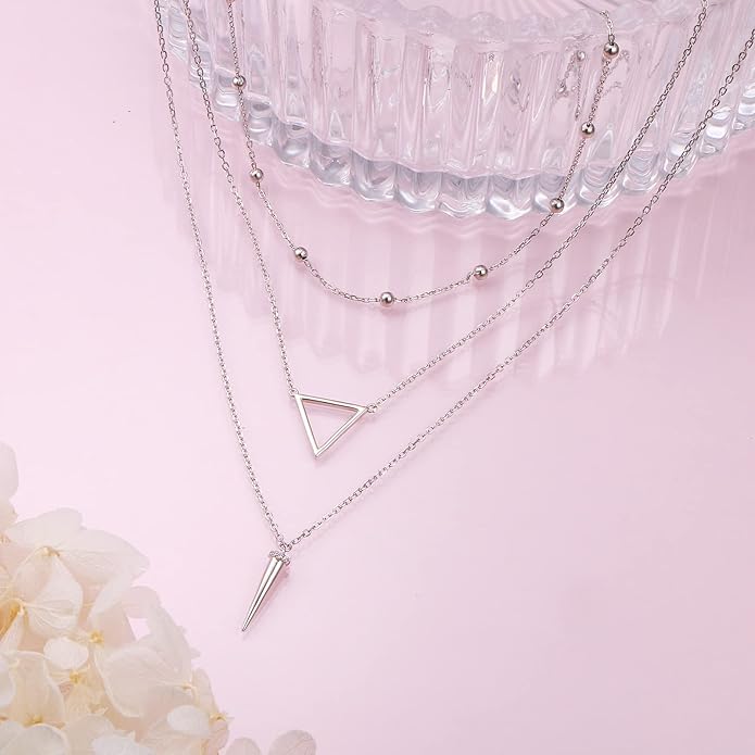 S925 Sterling Silver Layered Necklaces Multi 3 Layer Circle Bar Boho Long Triple Choker Pendant Necklace Jewerly Gift for Women