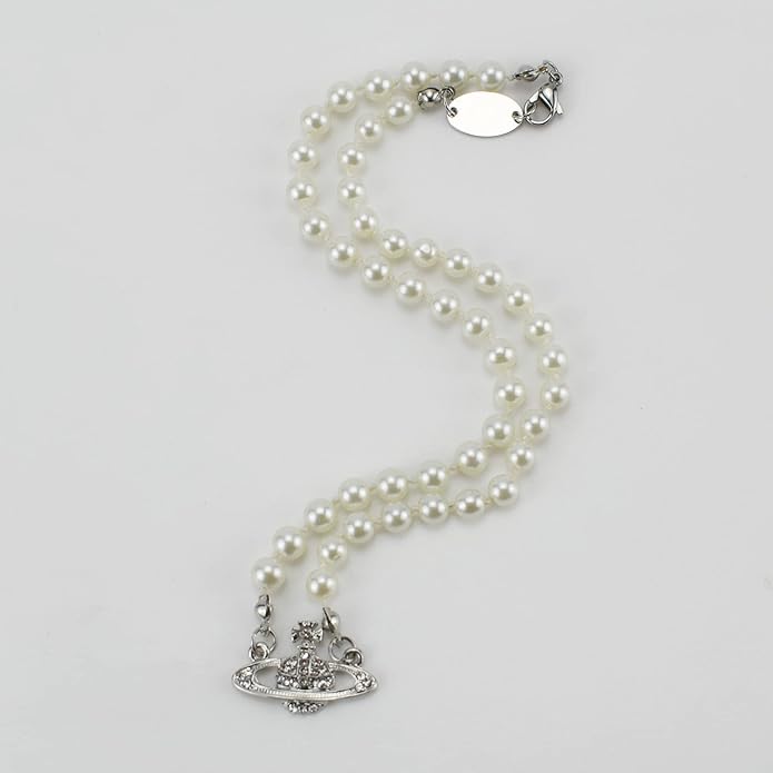 FENLDY Rhinestone Faux Planet Saturn Pearl Necklace for Women Jewelry, Fake Pearl Collar Pendant a Necklace Men with Charm for Girls Y2k Jewelry Ladies' Wedding Pearl Bead Chain Crystal Choker