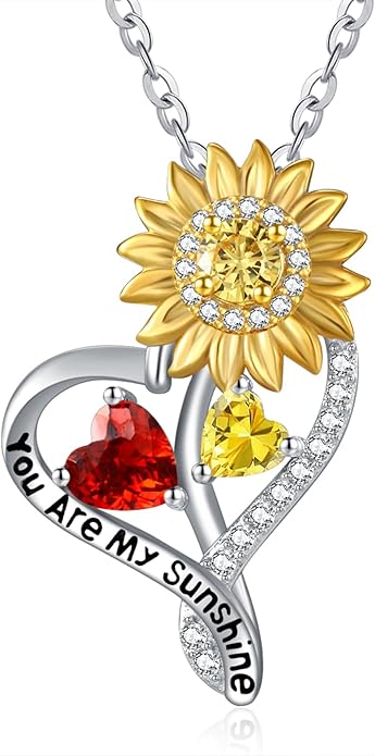 Zeuslia Double Birthstone Necklace Gifts for Wife - 925 Sterling Silver Sunflower/Rose/Crown Cross/Compass/Heart Pendant I Love You Necklace, Anniversary Birthday Gifts for Wife Girlfriend Mom Her