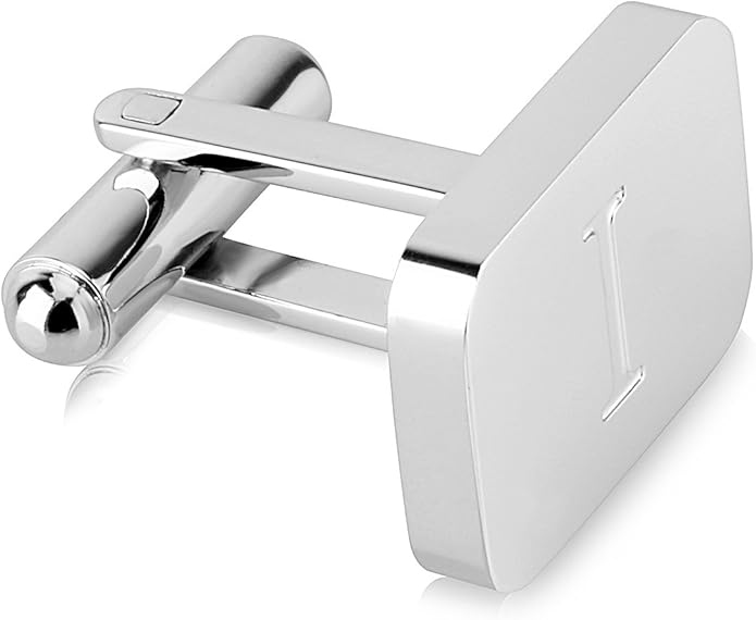 18K White-Gold Plated Initial Engraved Stainless Steel Men’s Cufflinks With Gift Box -Personalized Alphabet Letter’s A-Z By Lux & Pair