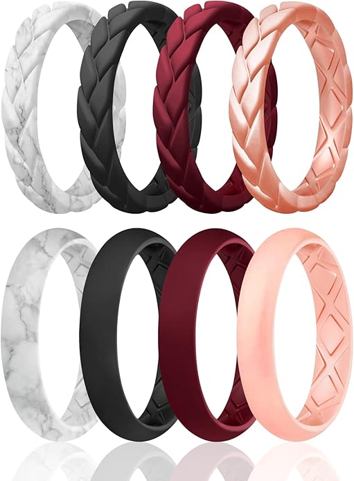 Egnaro Women's Silicone Stackable Rings 3.5mm Wide 2mm Thick, Rubber Flexible Hypoallergenic Wedding Bands For Workout Leaf Braided Fashion