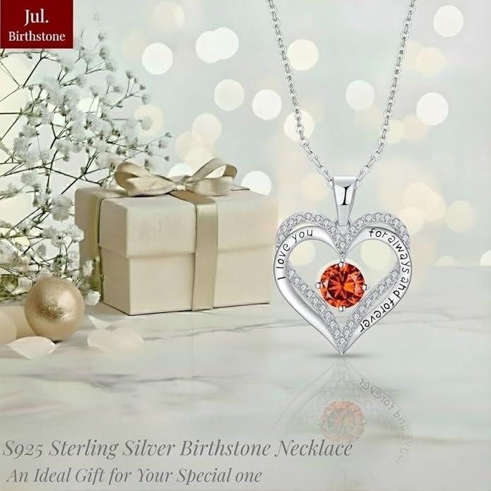 Birthstone Heart Necklace for Women Wife Girlfriend Mom Daughter Gifts S925 Silver Jewelry For Anniversary Rose Gold Gifts For Birthday Christmas Mothers Valentines Day