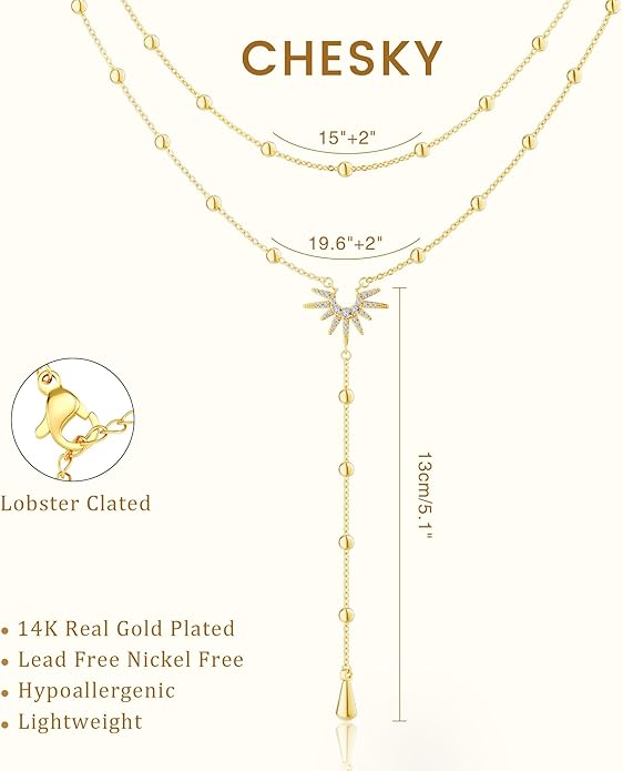 CHESKY Lariat Gold Necklace for Women Trendy, Dainty Long Necklace 14k Gold Plated/Silver Y-Shaped Pendant Necklace Layered Cz Beaded Chain Drop Necklaces Simple Gold Jewelry For Women Gift