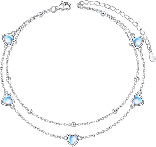 FLYOW Anklet for Women S925 Sterling Silver Adjustable Foot Beaded Heart Charm Ankle Bracelet Anklets Jewelry