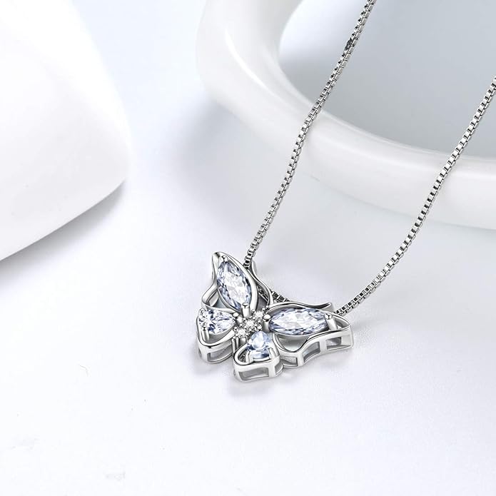Aurora Tears Butterfly Birthstone Pendant Necklace - Women 925 Sterling Silver Butterflies Birthstone Pendant Necklace Jewelry Birthday Gift for Women