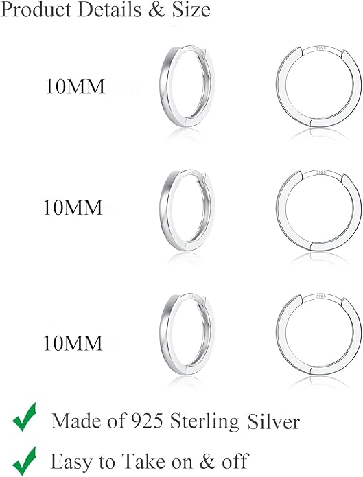 3 Pairs 925 Sterling Silver Hoop Earrings 14K White Gold Plated Small Silver Hoops Cartilage Huggie Earrings for Women Men