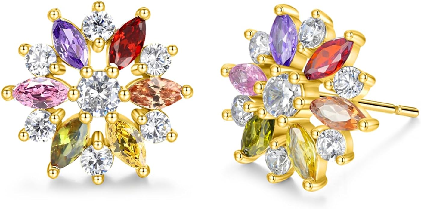 VONSSY Colorful Snowflake Pendant Necklace Earrings Rose Gold 5A Cubic Zirconia | Crystal Sweater Chain | Multi Gemstone Garnet Amethyst Morganite Peridot Prom Rhinestone Necklaces for Women Vintage Stylish Gift
