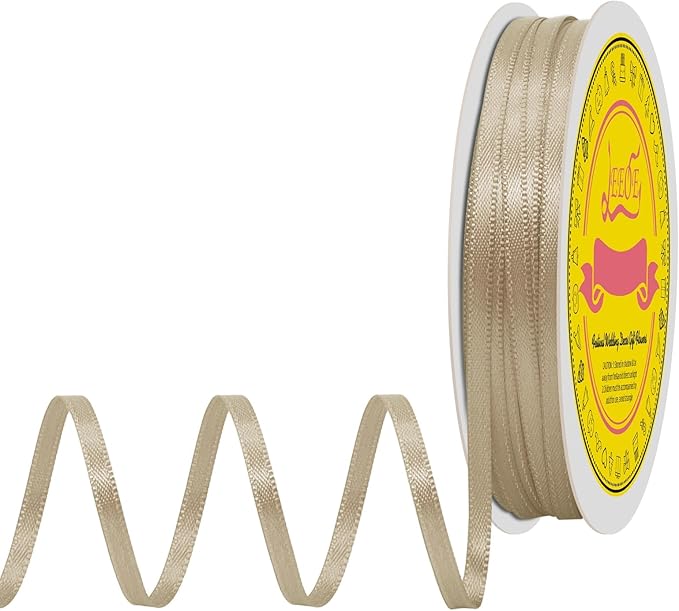 LEEQE Double Face Tan Satin Thin Ribbon 1/8 inch X 50 Yards Polyester Tan Ribbon for Gift Wrapping Very Suitable for Weddings Party Hair Bow Invitation Decorations and More