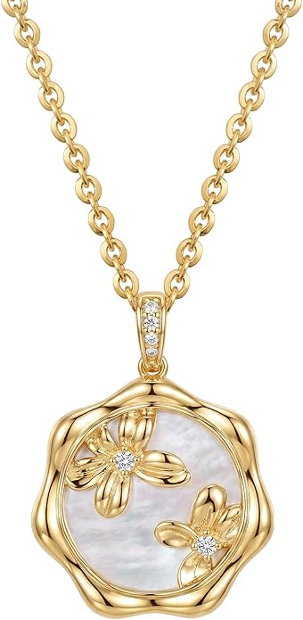 MEVECCO Birth Flower Necklace For Women 18k Gold Plated Mother Of Pearl Disc Floral Pendant Necklace Dainty 12 Birth Month Flower Handmade Personalized Jewelry Anniversary Christmas Birthday Gifts