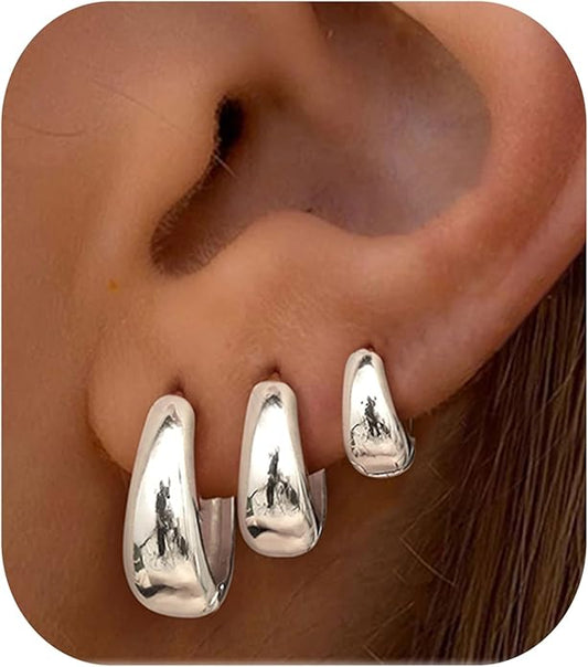 BESTEEL 3Pairs 14K Gold Plated Hoop Earrings Set for Women Chunky Earring Silver Plated Hypoallergenic Small Huggie Hoops Lightweight Tiny Thick Trendy Hoop Earrings Stacks for Multiple Piercing