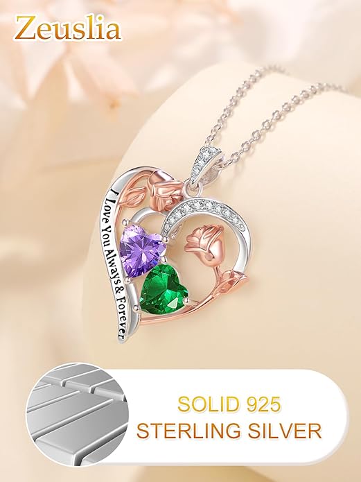 Zeuslia Double Birthstone Necklace Gifts for Wife - 925 Sterling Silver Sunflower/Rose/Crown Cross/Compass/Heart Pendant I Love You Necklace, Anniversary Birthday Gifts for Wife Girlfriend Mom Her