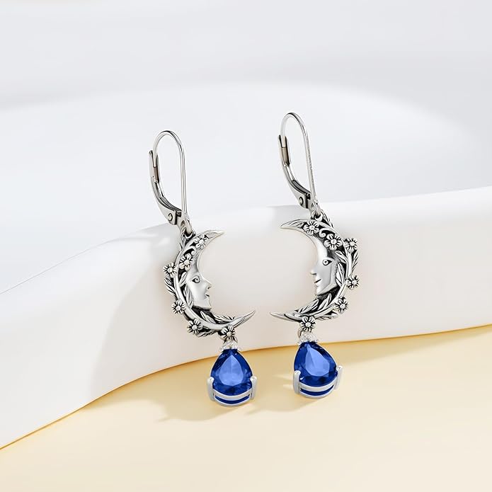 925 Sterling Silver Vintage Retro Oxidized Moon Crescent Dangle Drop Leverback Earrings with 12 Months Birthstone Jewelry Gifts for Women Her