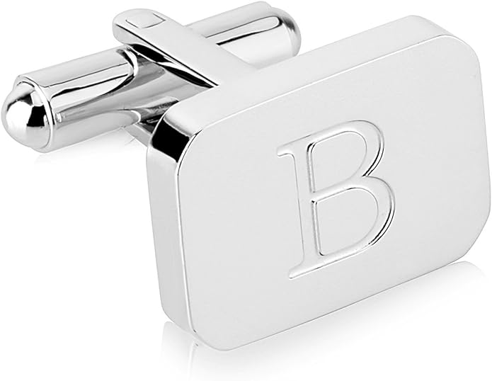 18K White-Gold Plated Initial Engraved Stainless Steel Men’s Cufflinks With Gift Box -Personalized Alphabet Letter’s A-Z By Lux & Pair