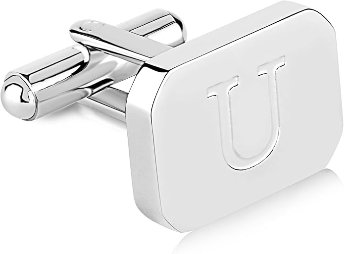 18K White-Gold Plated Initial Engraved Stainless Steel Men’s Cufflinks With Gift Box -Personalized Alphabet Letter’s A-Z By Lux & Pair
