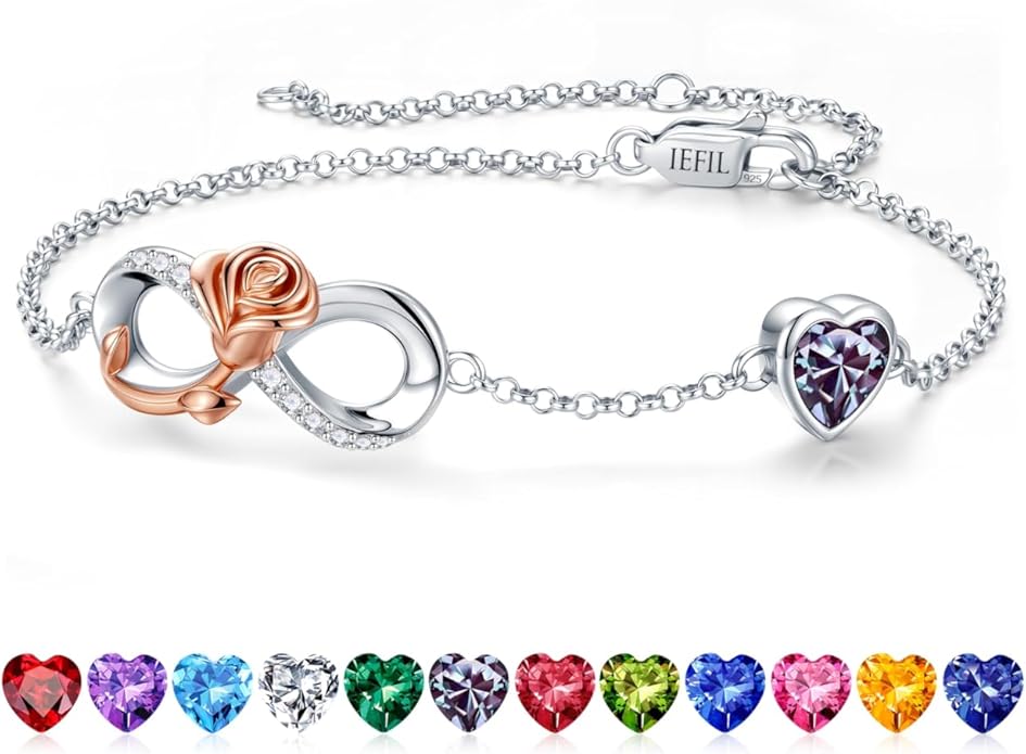 Iefil Infinite Rose Birthstone Bracelet for Women, 925 Sterling Silver Charm Link Birthstone Bracelet, Anniversary Birthday Gifts for Women, Mothers Day Valentines Christmas Gifts for Wife Girlfriend
