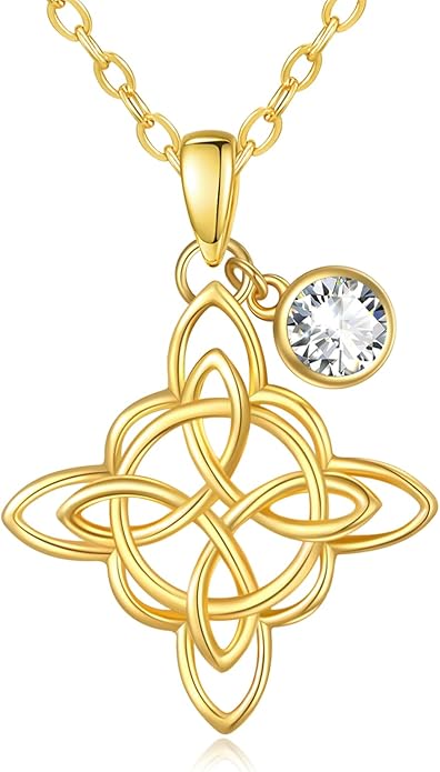 Witches Knot Necklace for Women, 14K Gold Celtic Knot Cross Jewelry with Triquetra Trinity with Birthstone Pendant, Birthday Witchy Spiritual Gifts for Her Wife Mom Grandma, 18+2 Inch Chain