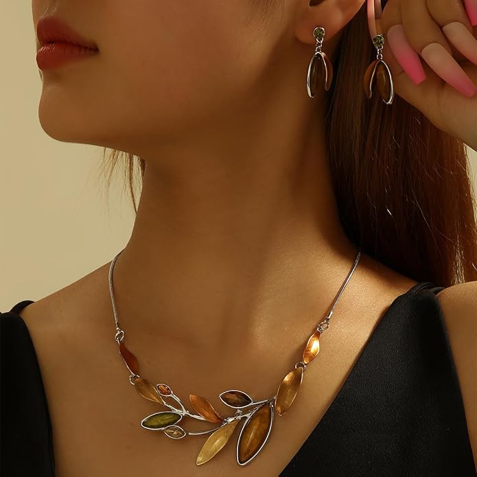 Vintage Chunky Statement Jewelry Set Retro Leaf Floral Geometric Bohemian Boho Bib Necklace Earring Set Fashion Costume Jewelry for Women Girls Wedding Party Prom Unique Gift