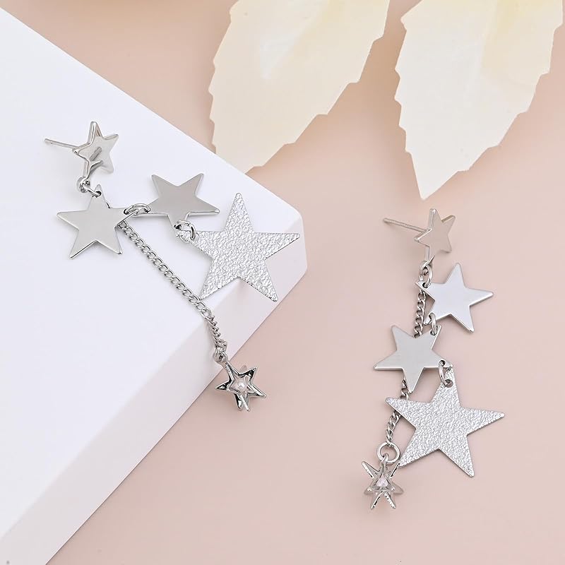 Silver Sparkly Star Drop Earrings Long Tassel Stud Earrings for Women Star Jewelry