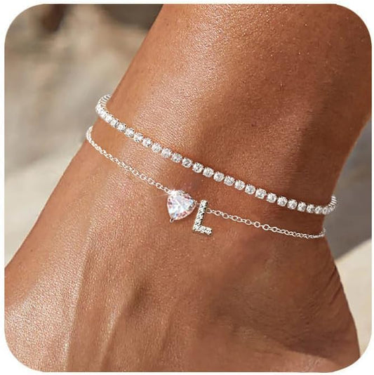 Heart Initial Silver Anklets for Women Waterproof Dainty Silver Plated ankle bracelets for women Large Ankle Women's Anklets Tennis ankle bracelets Non Tarnish Summer Beach Foot Jewelry