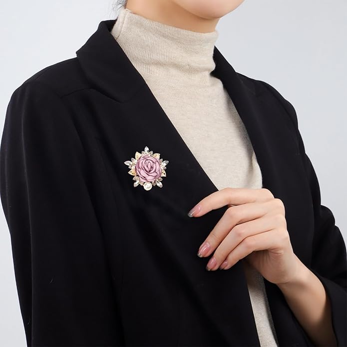 QLUYCKW Rose Flower Brooch Pin for Women Fashion Dainty Gold Plated 3D Red Roses Floral Crystal Brooch Pin Birthday Dress Suit Accessories Jewelry